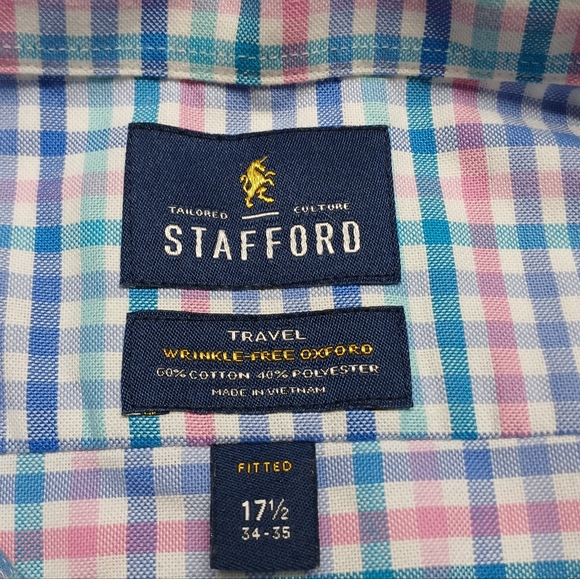 Stafford Blue and Pink Plaid Button-Down Shirt Size 34-35 Neck 17 1/2 - Picture 3 of 8